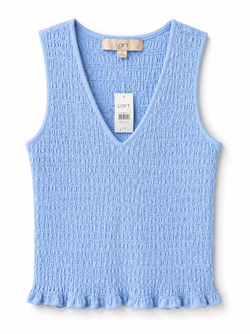 LOFT Petite Blue Smocked Sleeveless Tank Top Ruffle Hem NWT SP